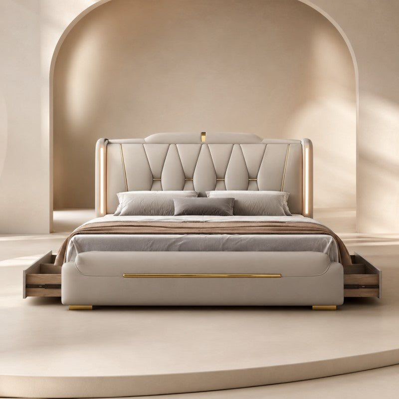 Luxury Upholstered Storage Bed – Gold Trim & LED