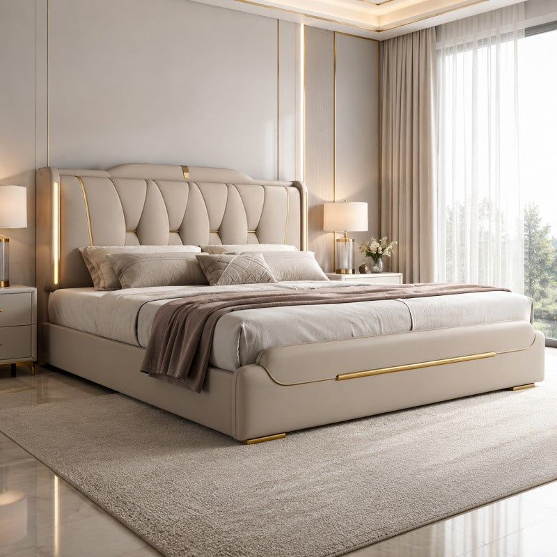 Luxury Upholstered Storage Bed – Gold Trim & LED