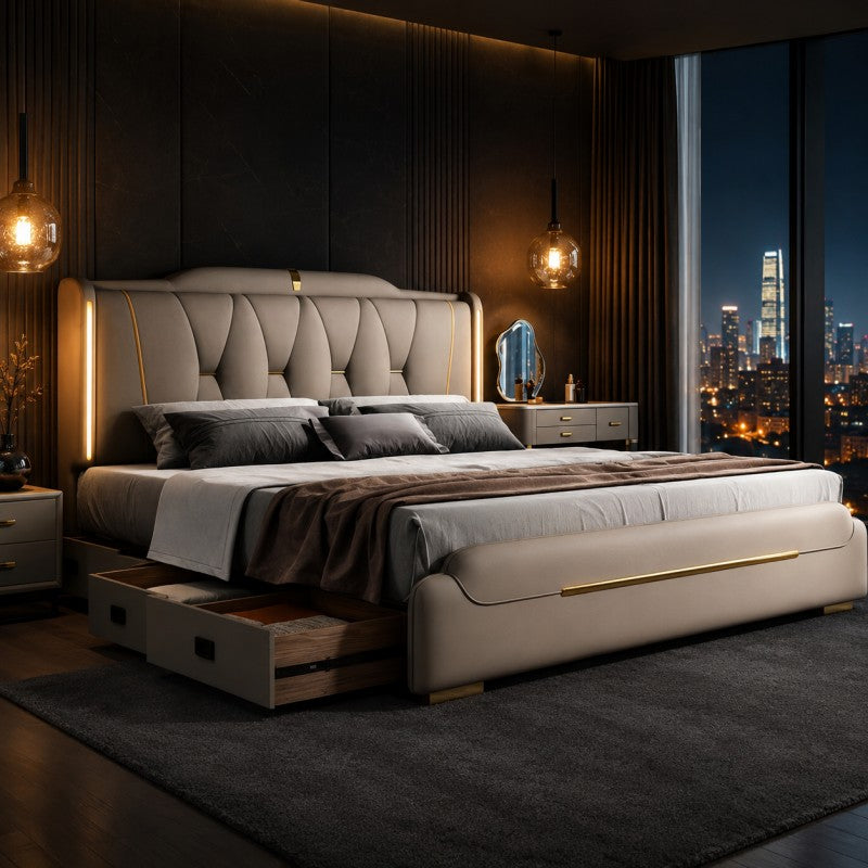 Luxury Upholstered Storage Bed – Gold Trim & LED