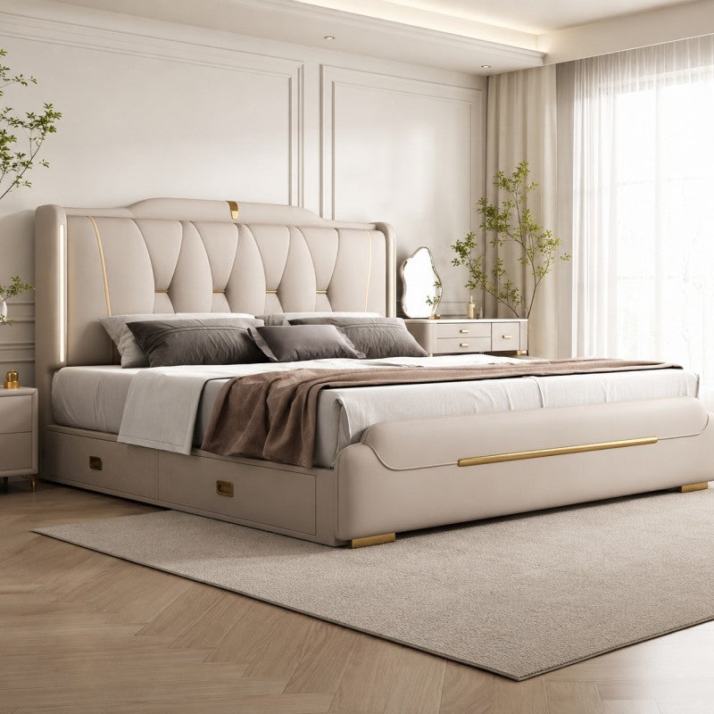 Luxury Upholstered Storage Bed – Gold Trim & LED