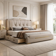 Luxury Upholstered Storage Bed – Gold Trim & LED