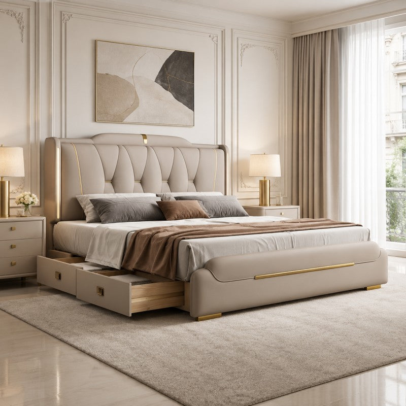 Luxury Upholstered Storage Bed – Gold Trim & LED