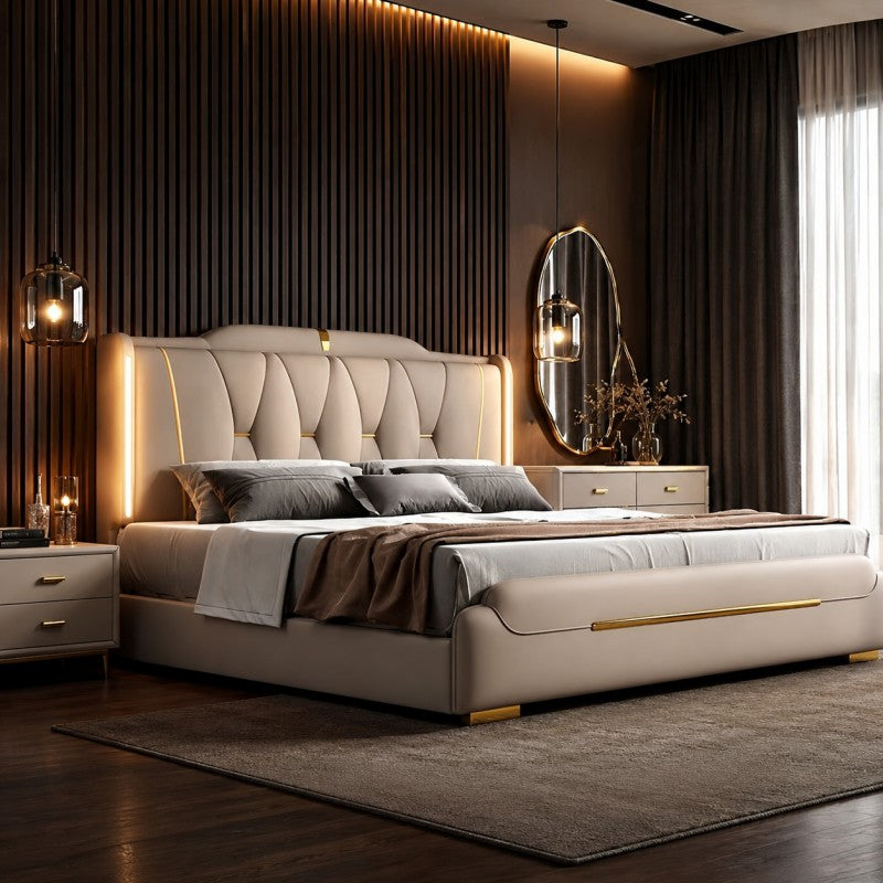 Luxury Upholstered Storage Bed – Gold Trim & LED
