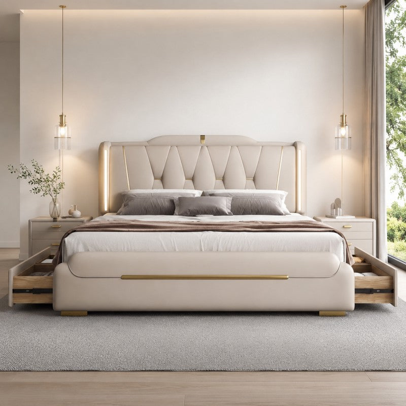 Luxury Upholstered Storage Bed – Gold Trim & LED