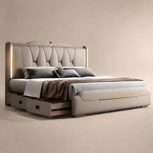 Luxury Upholstered Storage Bed – Gold Trim & LED