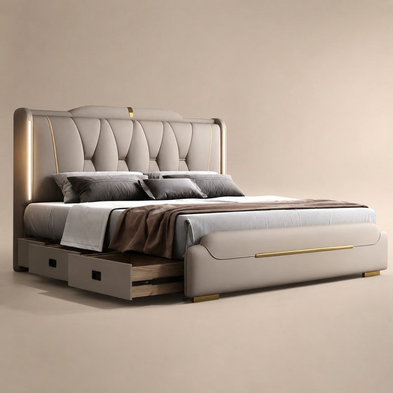 Luxury Upholstered Storage Bed – Gold Trim & LED