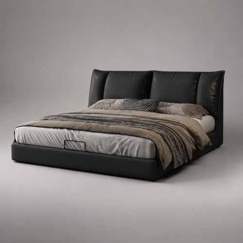 Black Upholstered Bed – Pillow Backrest, Low-Profile