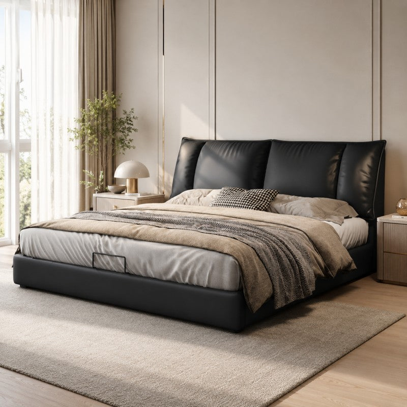Black Upholstered Bed – Pillow Backrest, Low-Profile