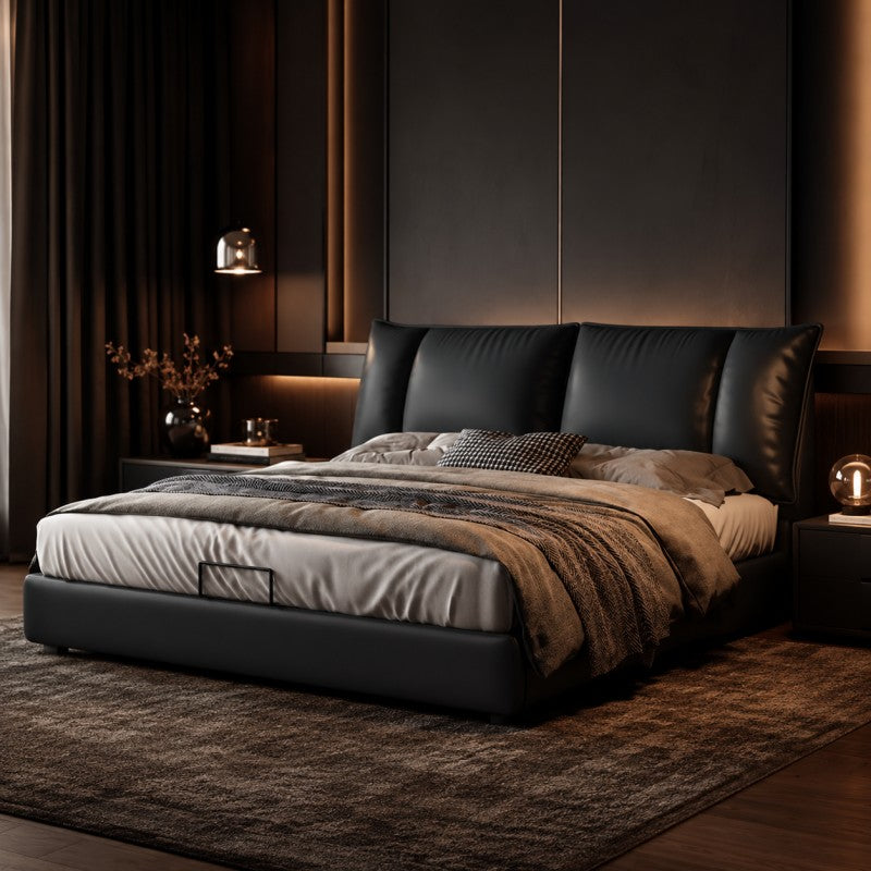 Black Upholstered Bed – Pillow Backrest, Low-Profile
