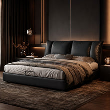Black Upholstered Bed – Pillow Backrest, Low-Profile
