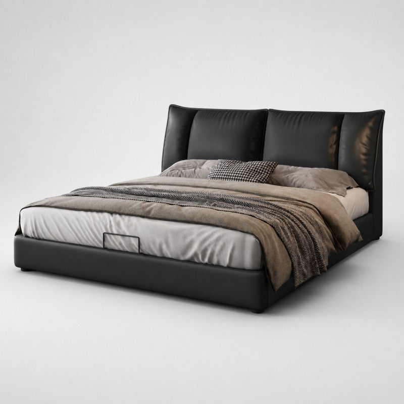 Black Upholstered Bed – Pillow Backrest, Low-Profile