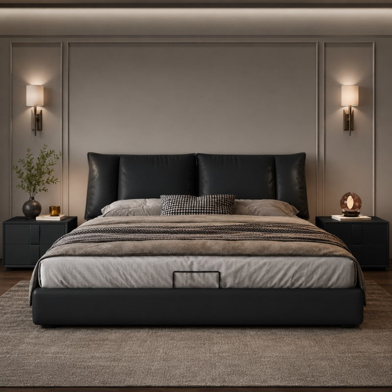 Black Upholstered Bed – Pillow Backrest, Low-Profile