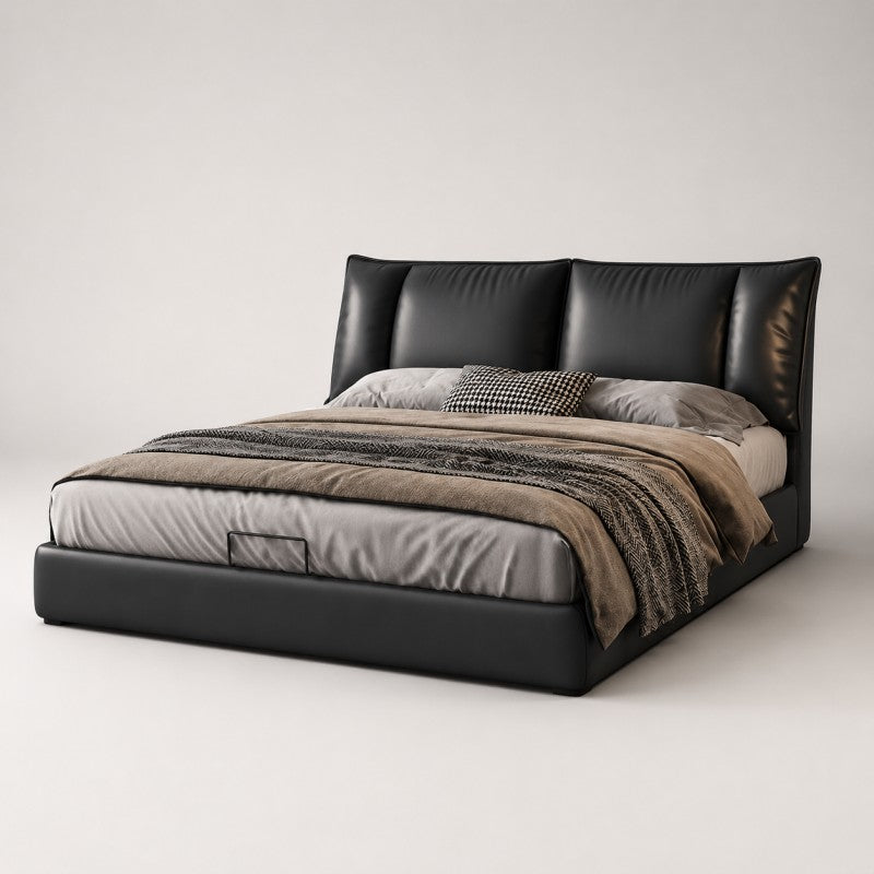 Black Upholstered Bed – Pillow Backrest, Low-Profile