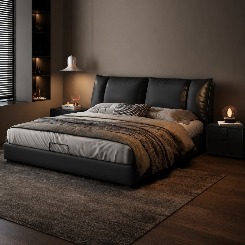 Black Upholstered Bed – Pillow Backrest, Low-Profile