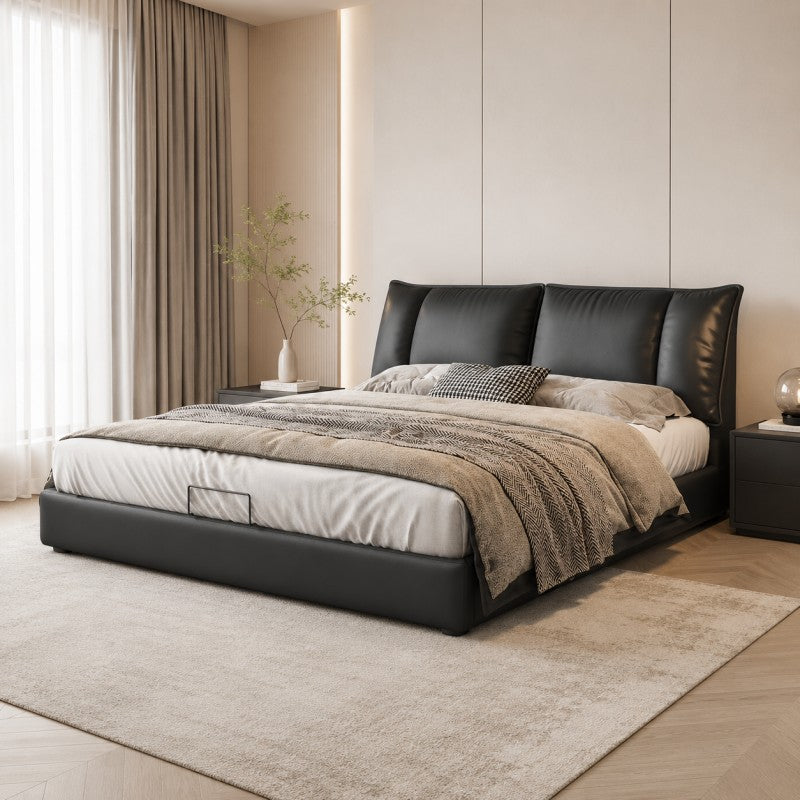 Black Upholstered Bed – Pillow Backrest, Low-Profile