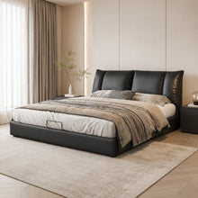 Black Upholstered Bed – Pillow Backrest, Low-Profile