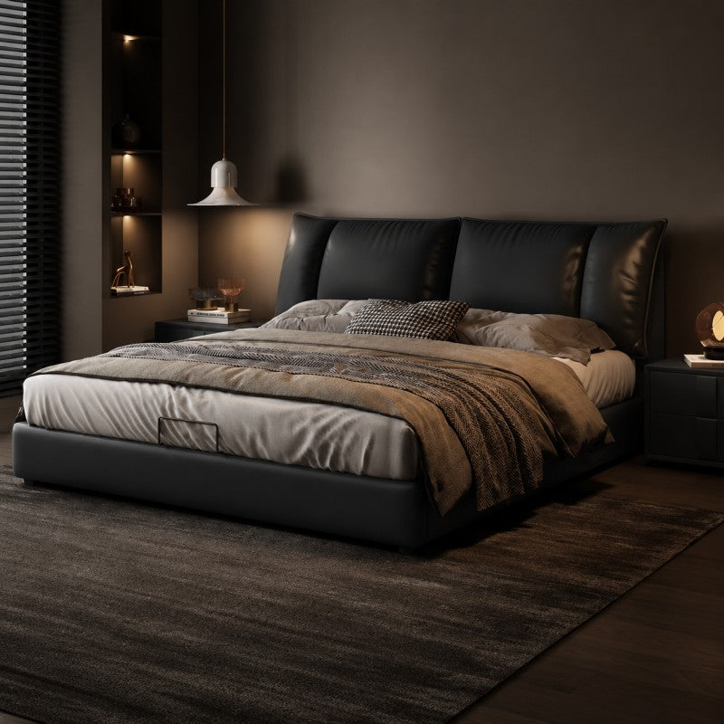 Black Upholstered Bed – Pillow Backrest, Low-Profile