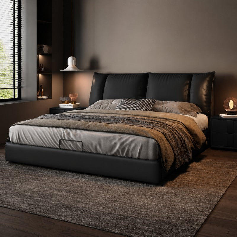 Black Upholstered Bed – Pillow Backrest, Low-Profile