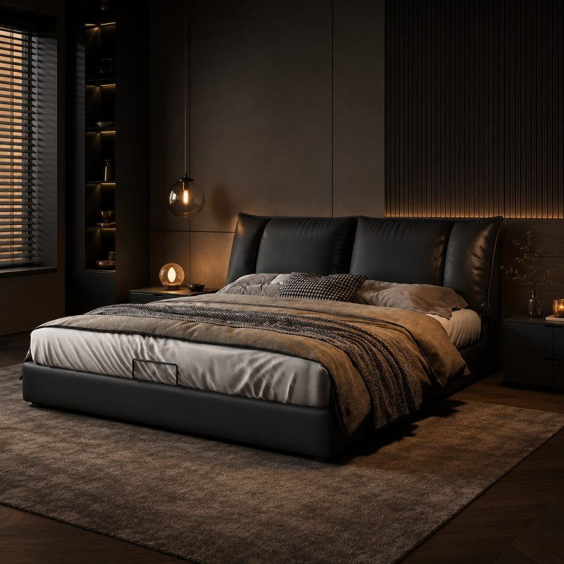 Black Upholstered Bed – Pillow Backrest, Low-Profile