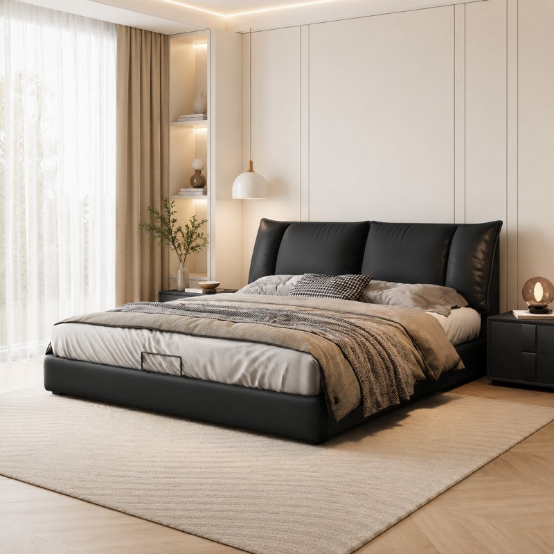 Black Upholstered Bed – Pillow Backrest, Low-Profile