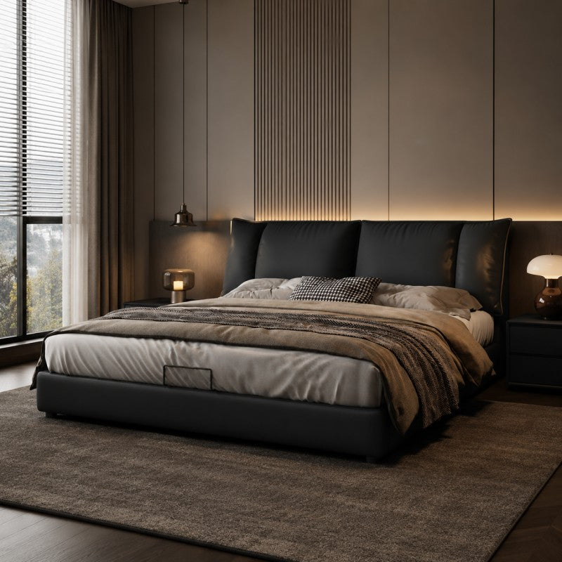 Black Upholstered Bed – Pillow Backrest, Low-Profile