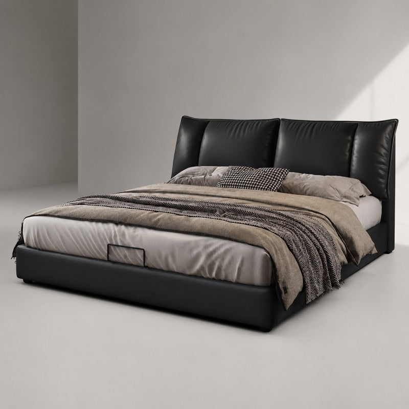 Black Upholstered Bed – Pillow Backrest, Low-Profile