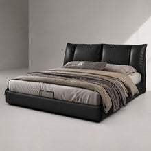 Black Upholstered Bed – Pillow Backrest, Low-Profile