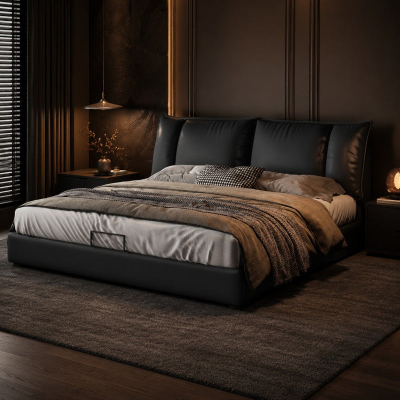 Black Upholstered Bed – Pillow Backrest, Low-Profile