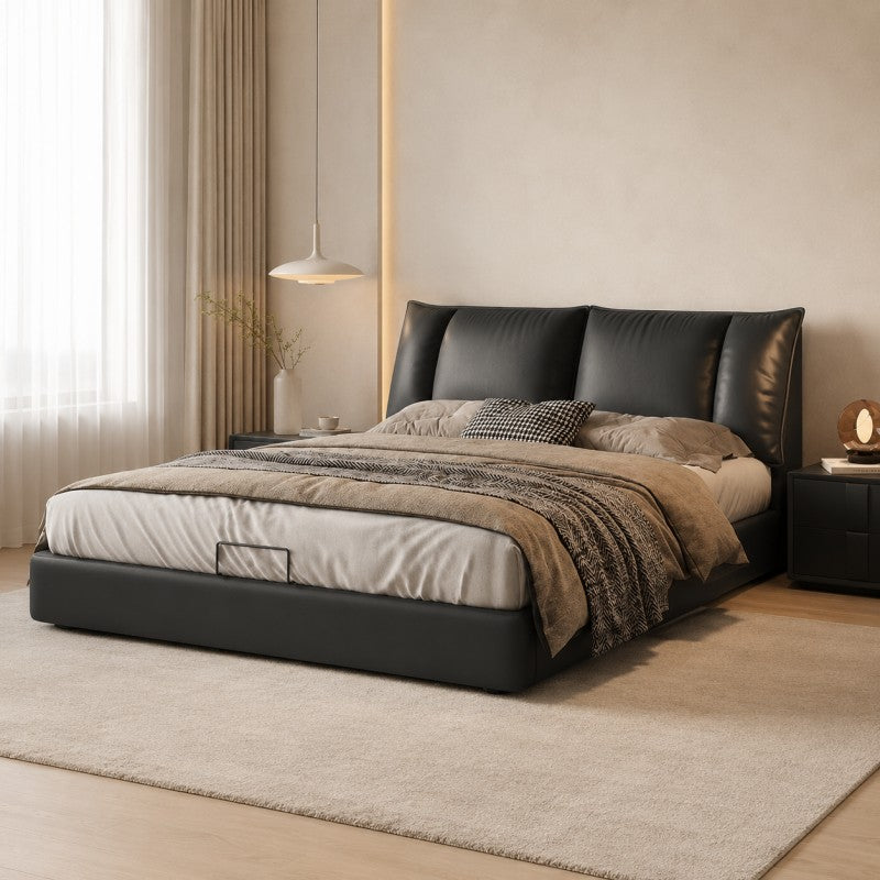 Black Upholstered Bed – Pillow Backrest, Low-Profile