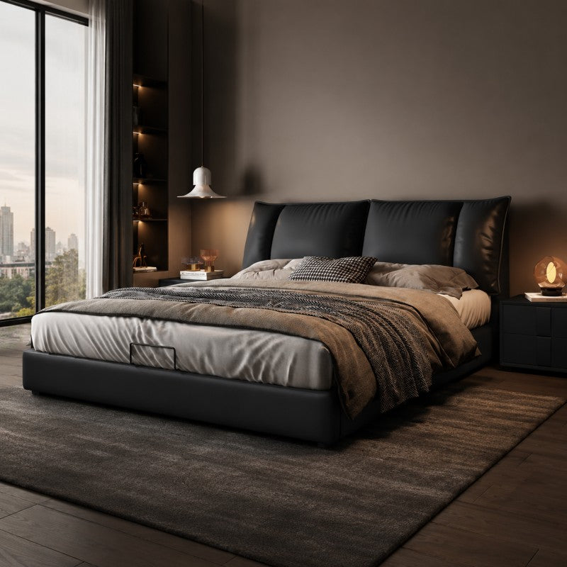 Black Upholstered Bed – Pillow Backrest, Low-Profile