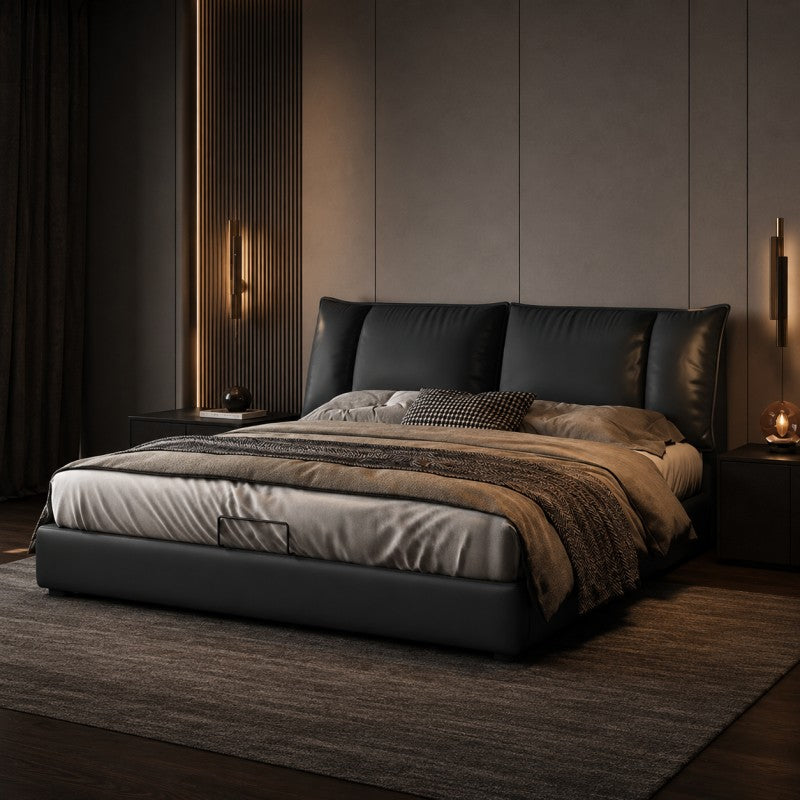Black Upholstered Bed – Pillow Backrest, Low-Profile