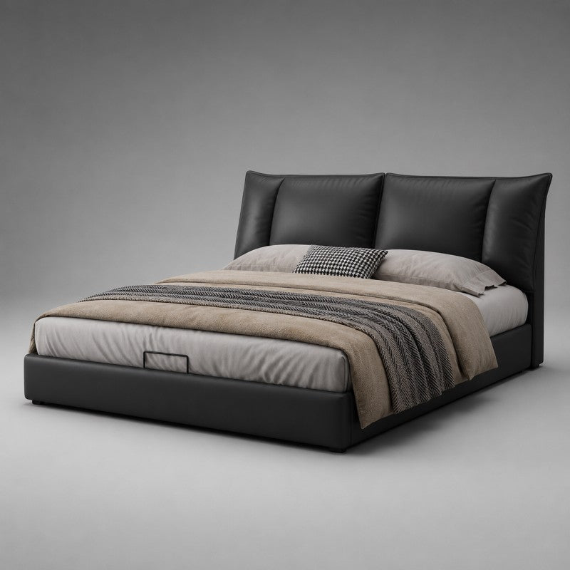 Black Upholstered Bed – Pillow Backrest, Low-Profile