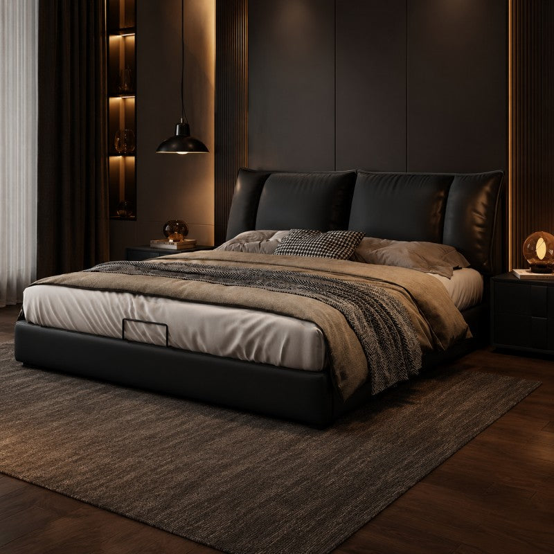 Black Upholstered Bed – Pillow Backrest, Low-Profile