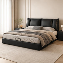 Black Upholstered Bed – Pillow Backrest, Low-Profile