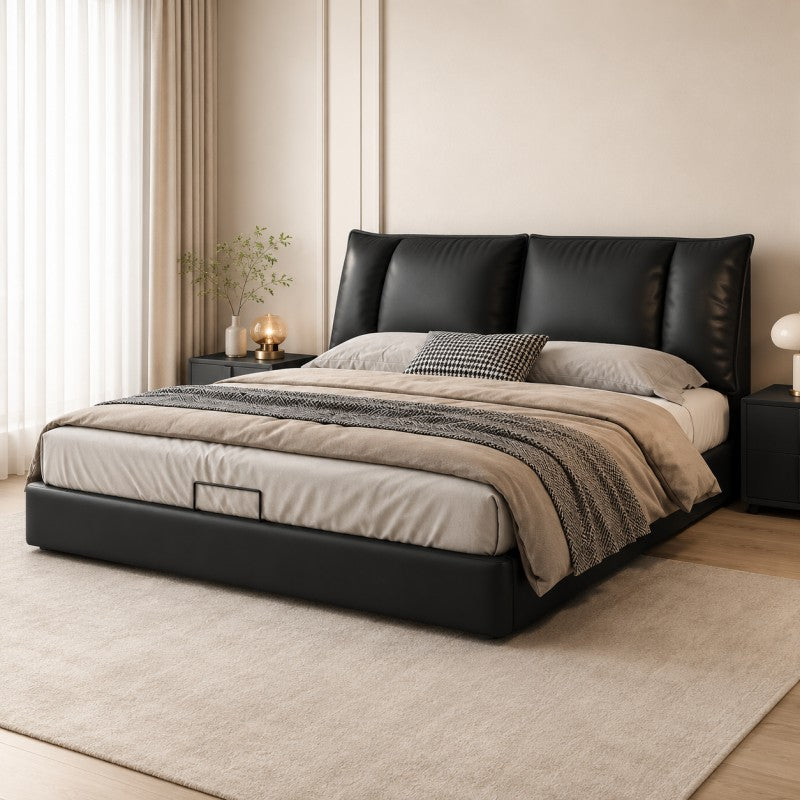 Black Upholstered Bed – Pillow Backrest, Low-Profile