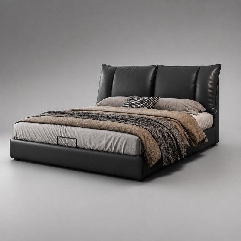 Black Upholstered Bed – Pillow Backrest, Low-Profile