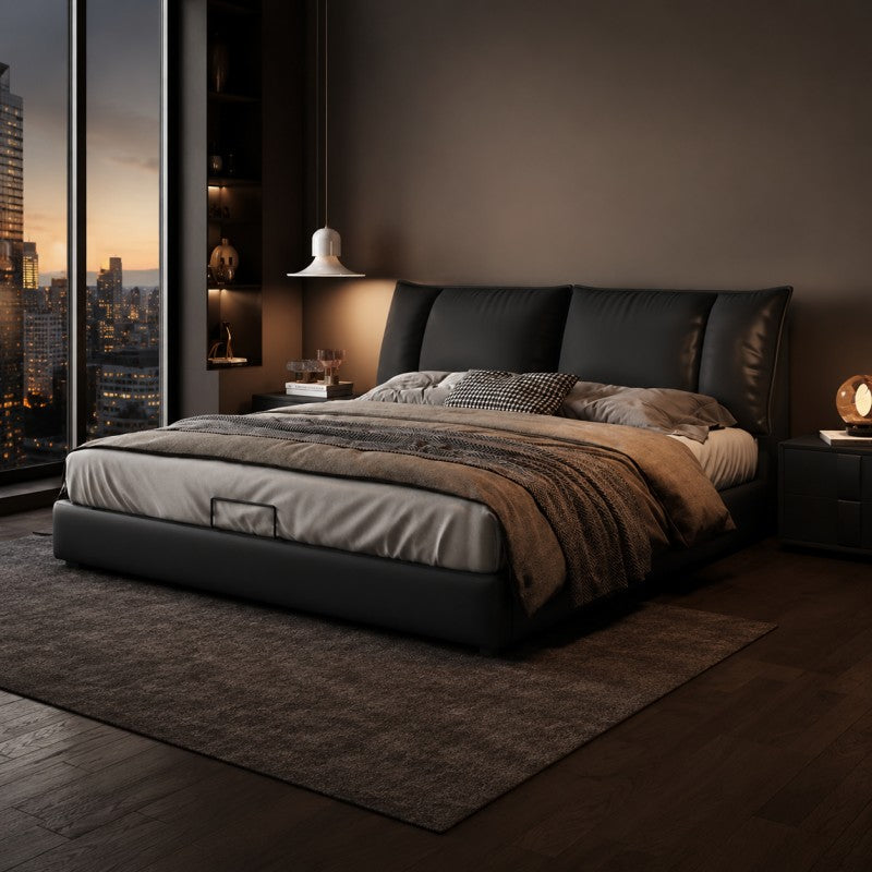 Black Upholstered Bed – Pillow Backrest, Low-Profile