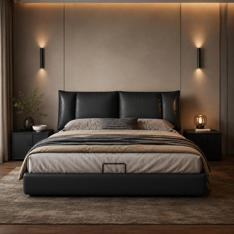 Black Upholstered Bed – Pillow Backrest, Low-Profile