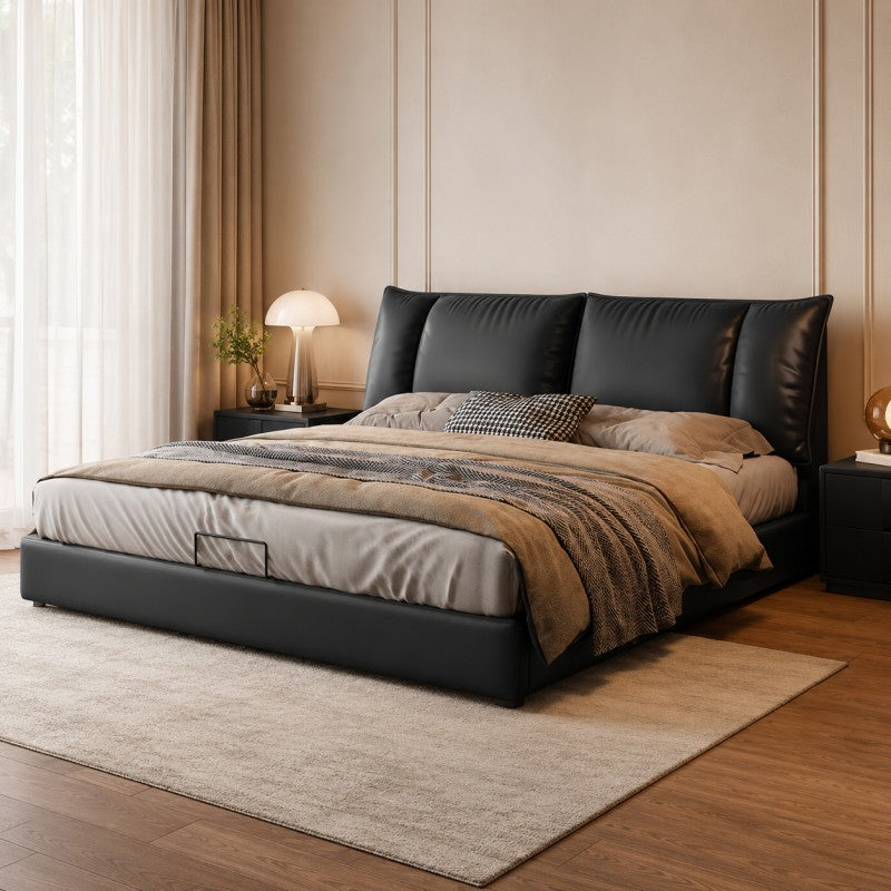 Black Upholstered Bed – Pillow Backrest, Low-Profile
