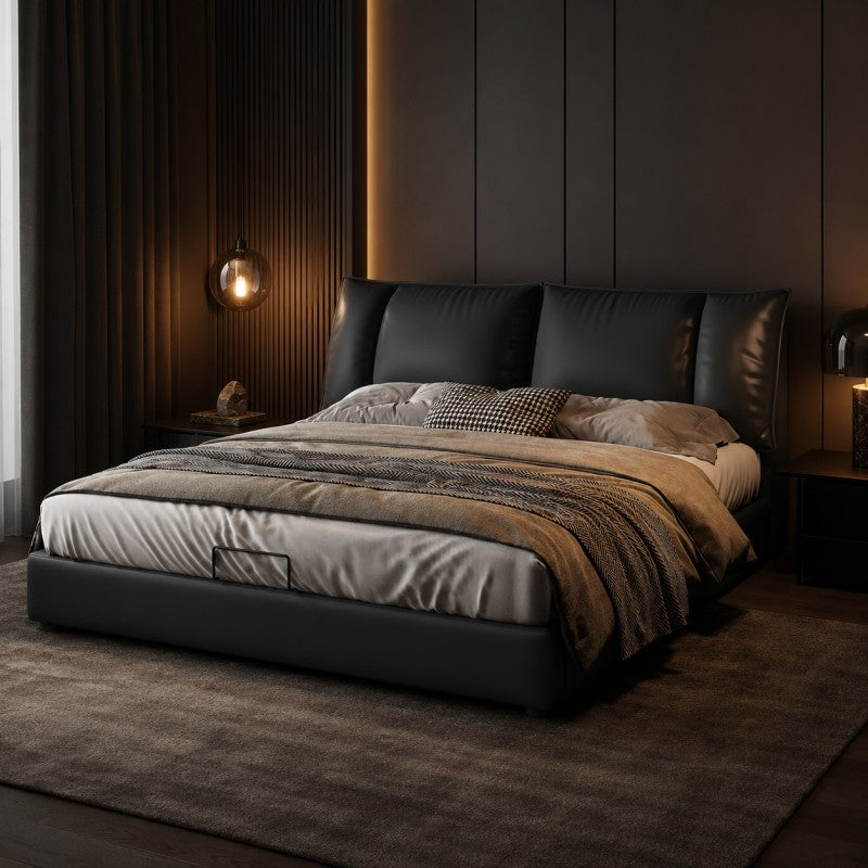 Black Upholstered Bed – Pillow Backrest, Low-Profile