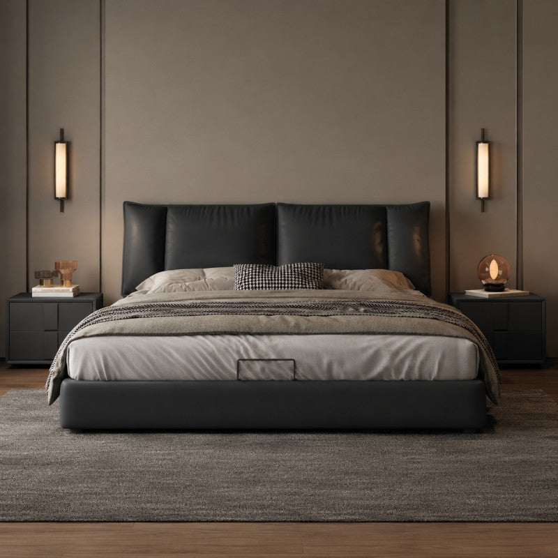 Black Upholstered Bed – Pillow Backrest, Low-Profile
