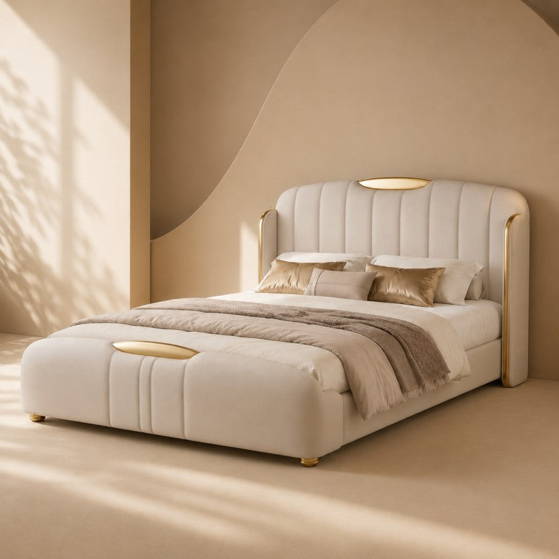 Cream Luxury Upholstered Bed – Vertical Channel, Gold Accents