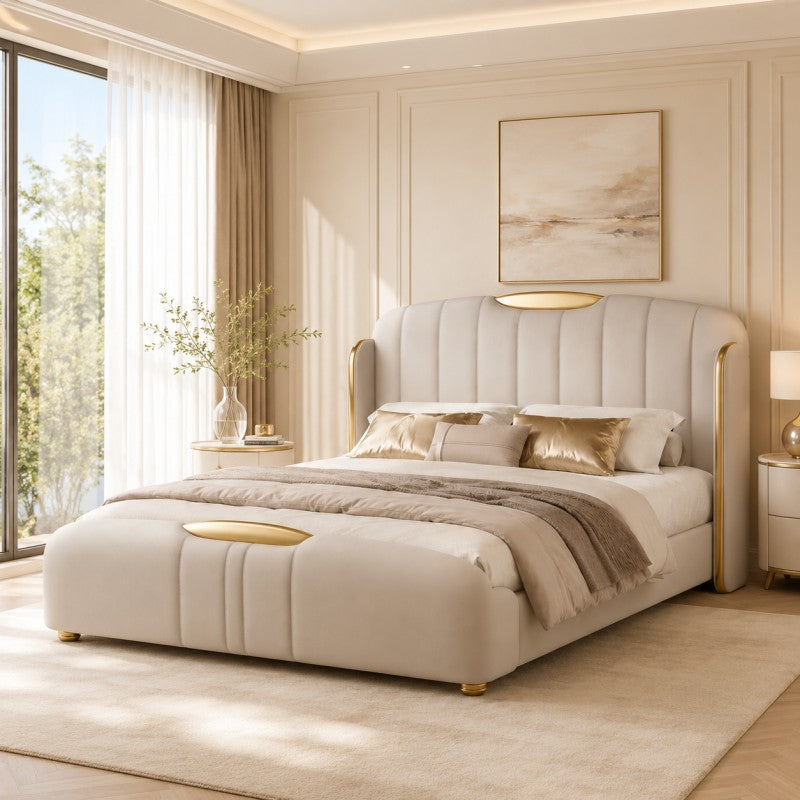 Cream Luxury Upholstered Bed – Vertical Channel, Gold Accents