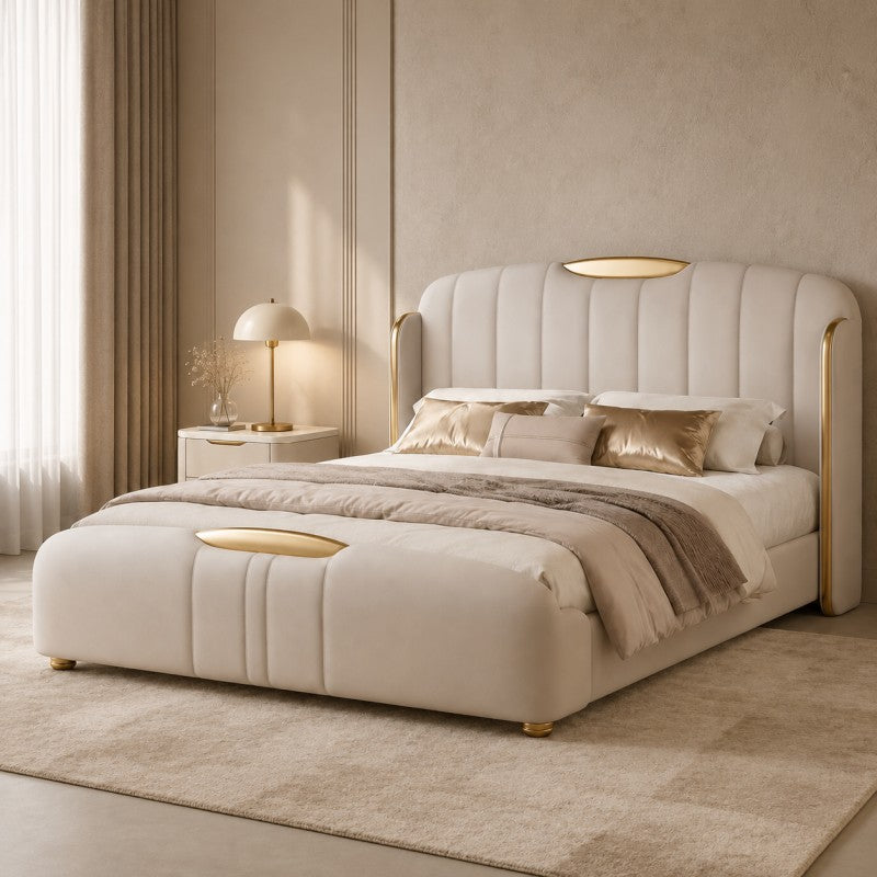 Cream Luxury Upholstered Bed – Vertical Channel, Gold Accents