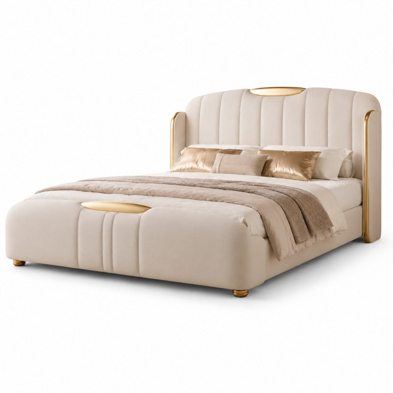 Cream Luxury Upholstered Bed – Vertical Channel, Gold Accents