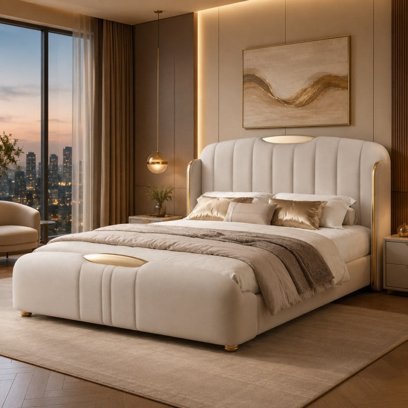 Cream Luxury Upholstered Bed – Vertical Channel, Gold Accents