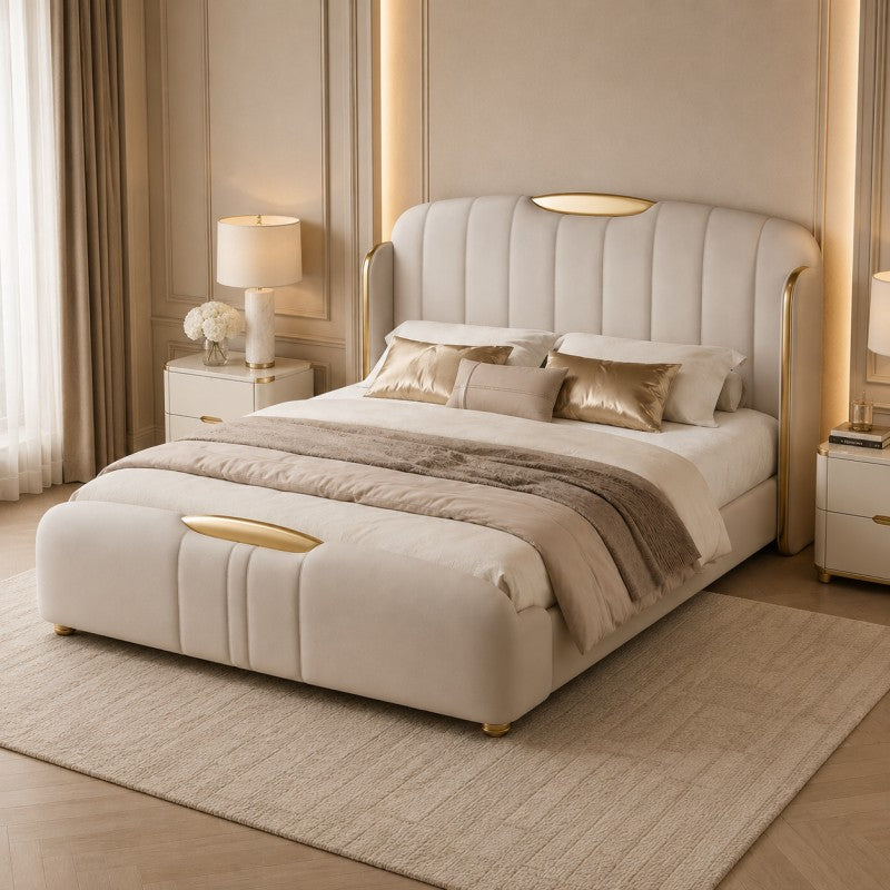 Cream Luxury Upholstered Bed – Vertical Channel, Gold Accents
