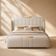 Cream Luxury Upholstered Bed – Vertical Channel, Gold Accents