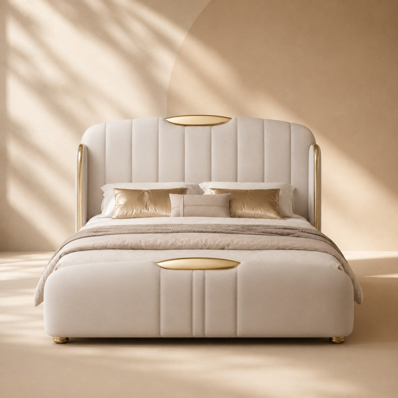 Cream Luxury Upholstered Bed – Vertical Channel, Gold Accents