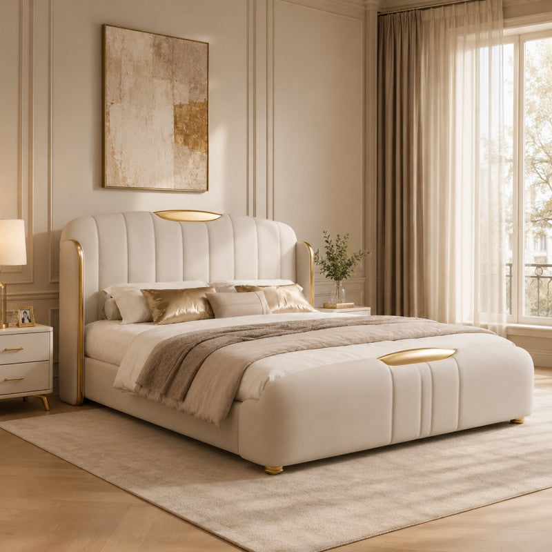 Cream Luxury Upholstered Bed – Vertical Channel, Gold Accents